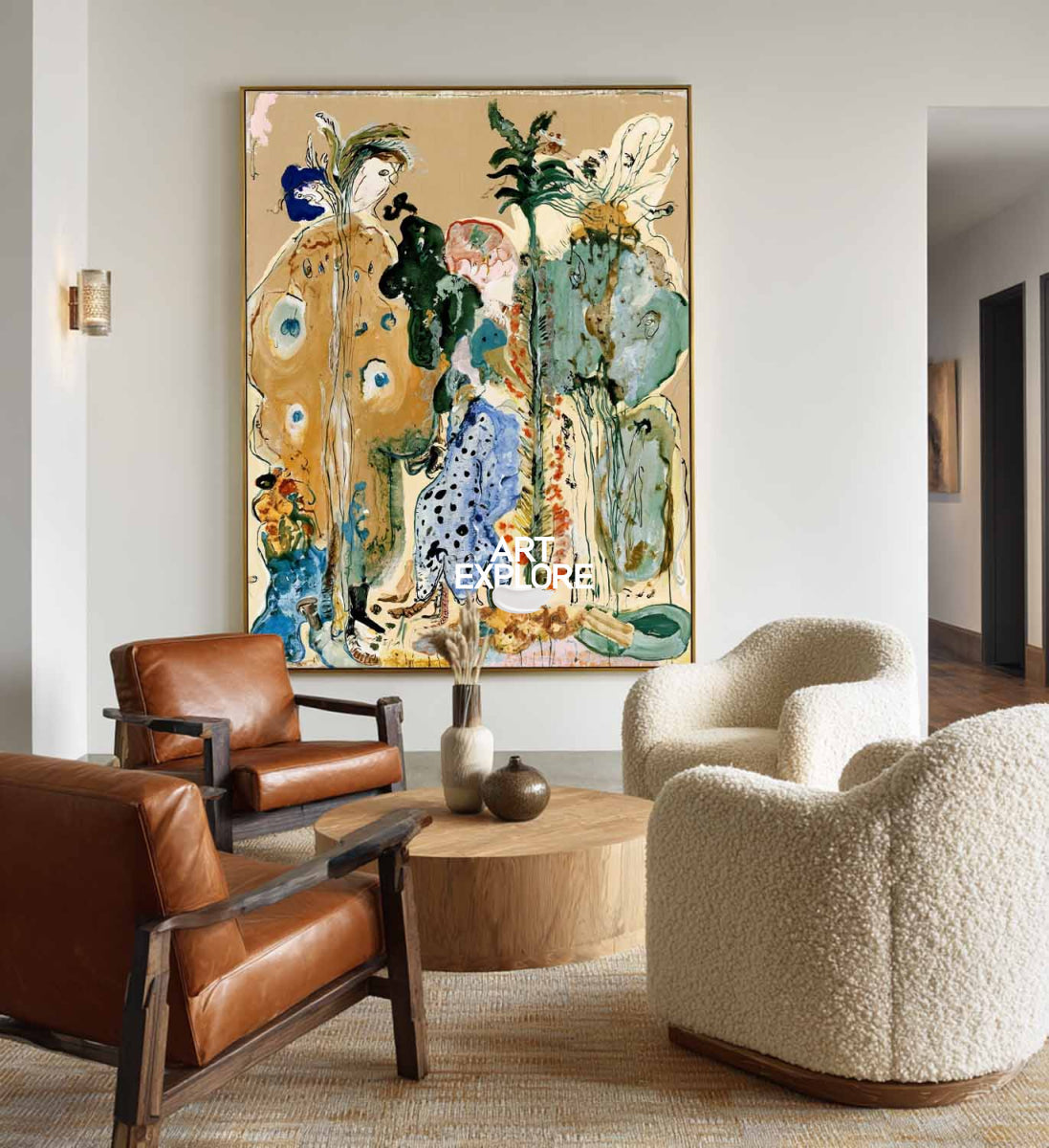 Abstract Botanical Canvas Painting In Earthy Brown And Green Tones