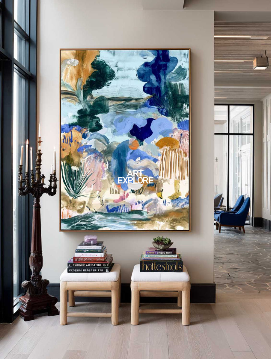 Blue And Green Abstract Canvas Painting Hand-Painted Wall Art With Earthy Tones