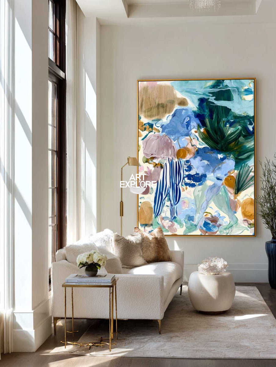 Abstract Blue And Green Floral Canvas Painting Hand-Painted Wall Art For Modern Home