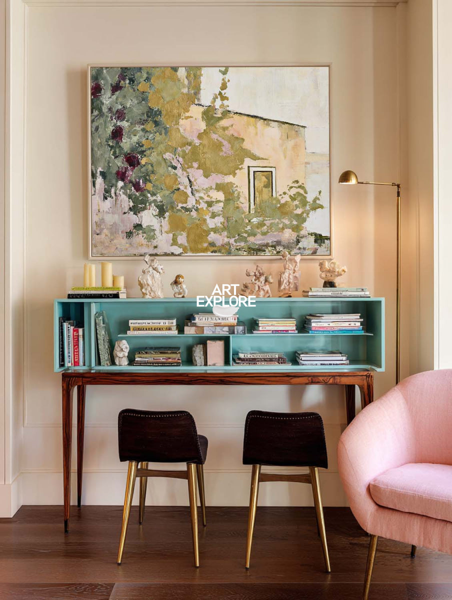 Abstract Floral Landscape Canvas Painting With Beige And Green Tones For Modern Walls