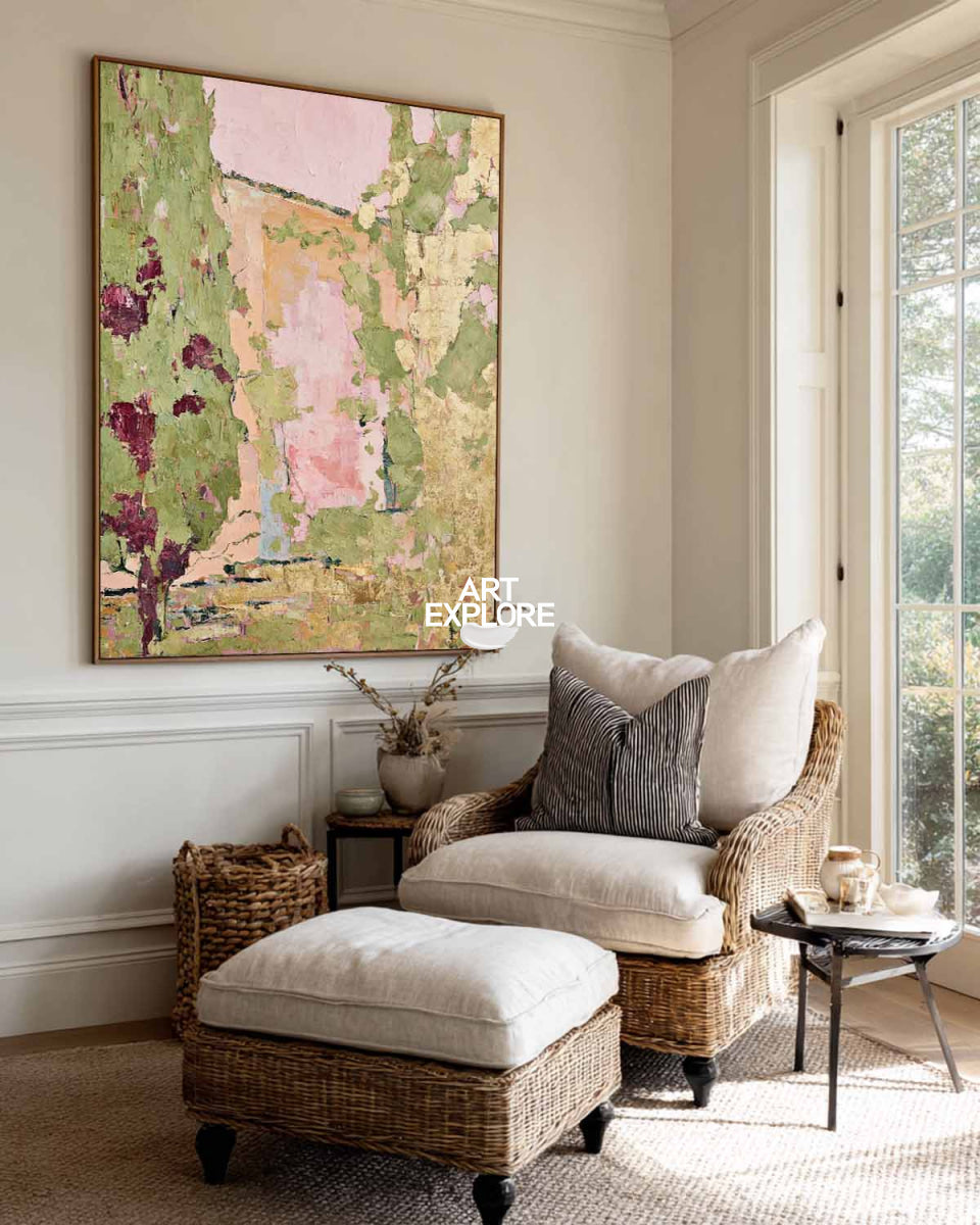 Abstract Garden Landscape Painting Green Pink Hand-Painted Canvas Art