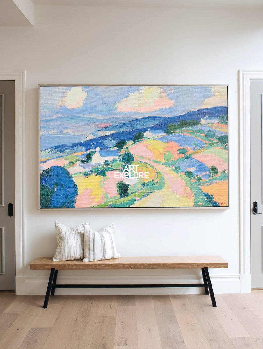Hand-Painted Abstract Hills Landscape Canvas Painting With Blue And Pink Tones