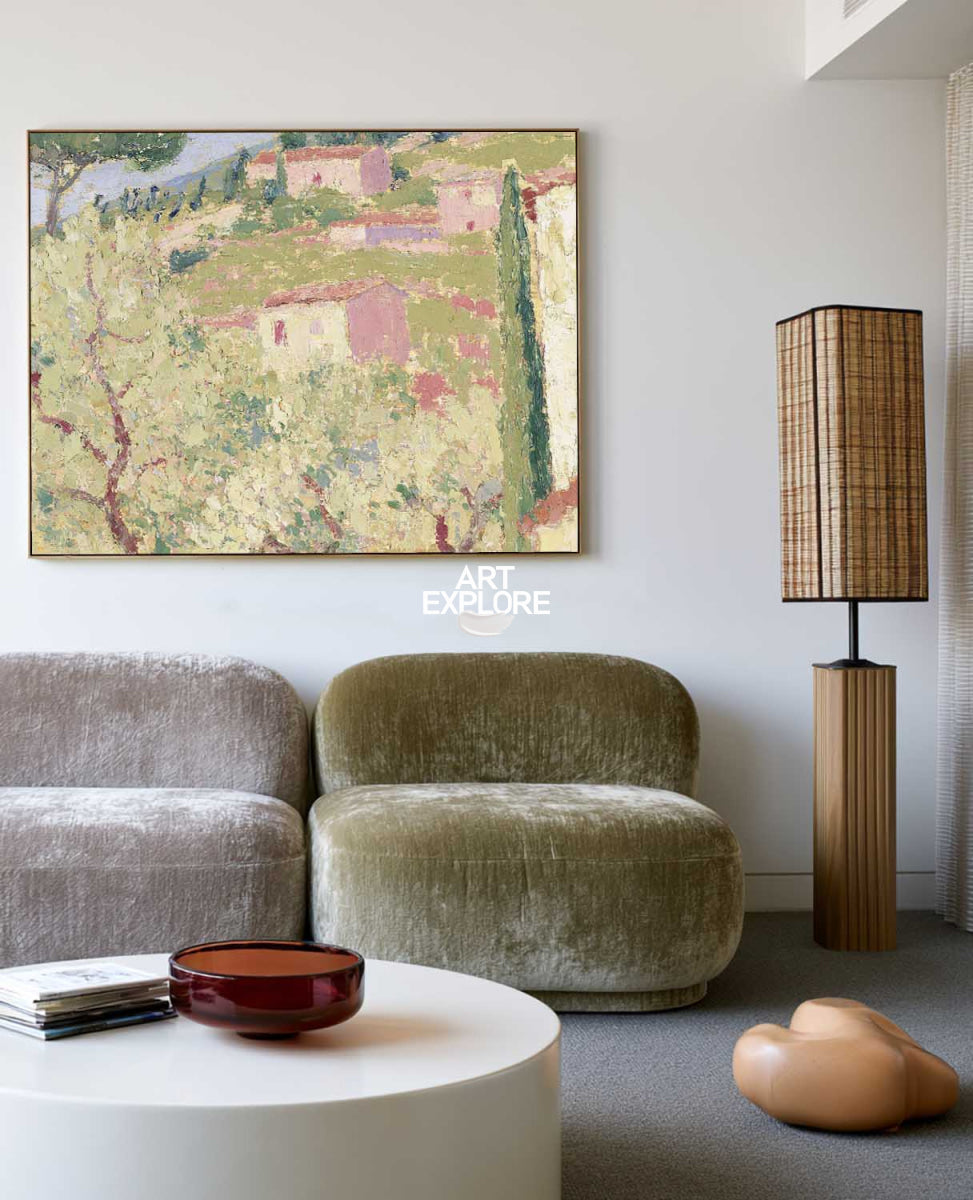 Impressionist Style Rustic Village Wall Art In Pink And Green For Living Room