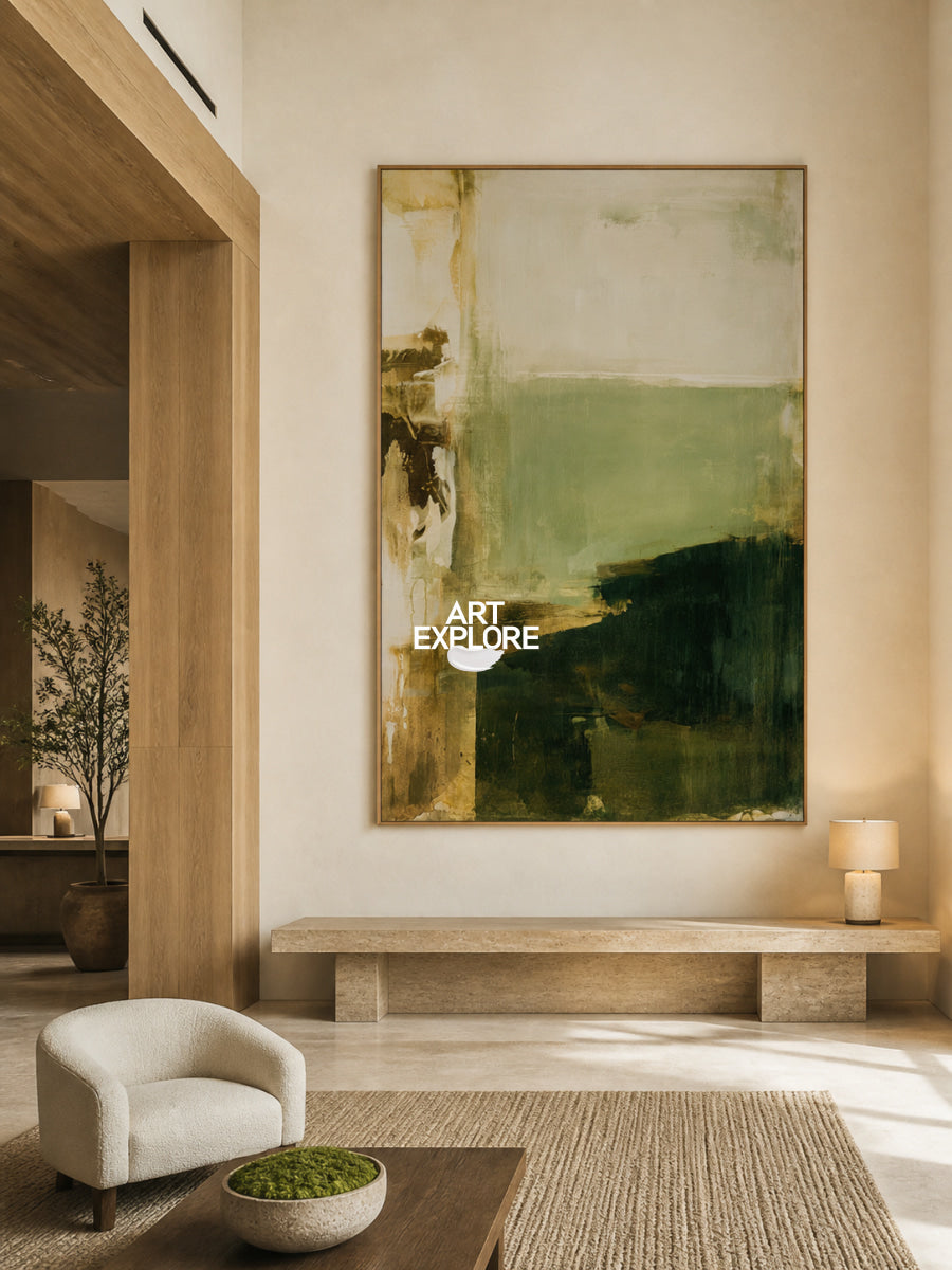 Abstract Green And Beige Canvas Painting Hand-Painted Minimalist Wall Art For Modern Home