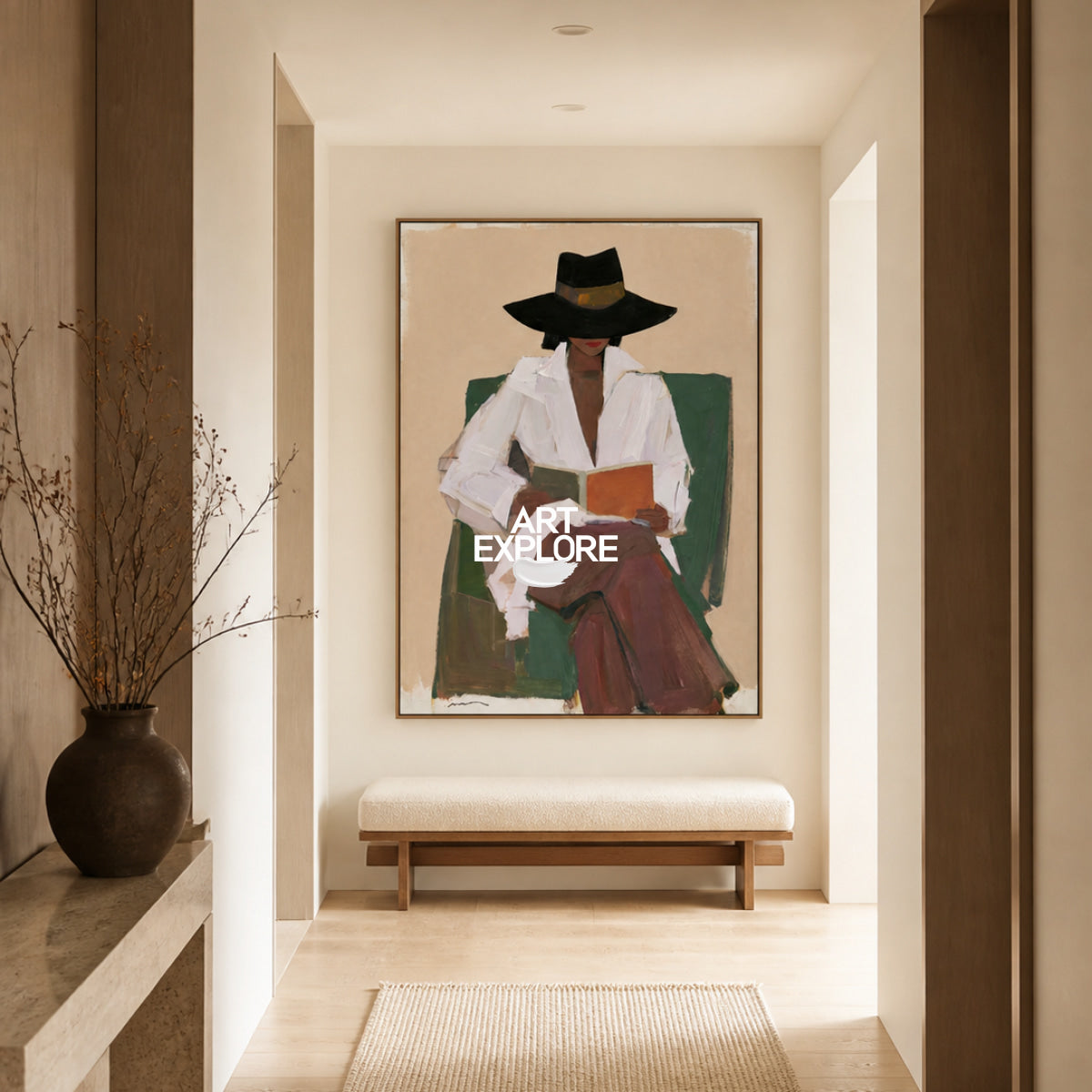 Modern Minimalist Female Portrait Canvas Painting With Earthy Color Palette