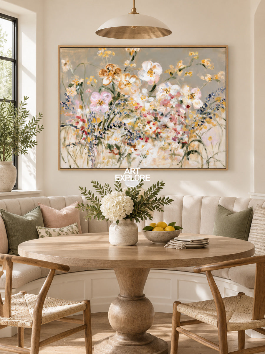 Abstract Floral Canvas Painting With Textured Colorful Flowers For Modern Home Decor