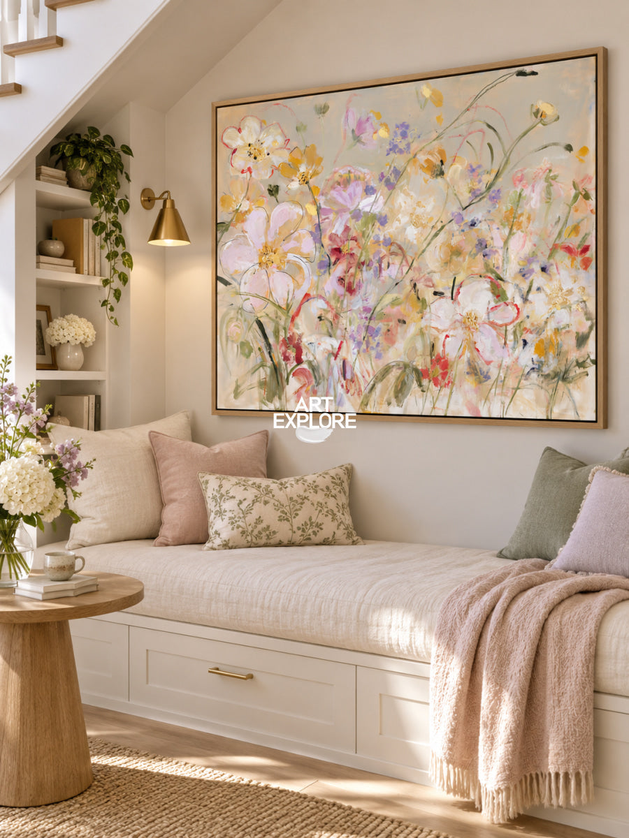 Abstract Floral Canvas Painting With Colorful Textured Flowers For Modern Wall Art