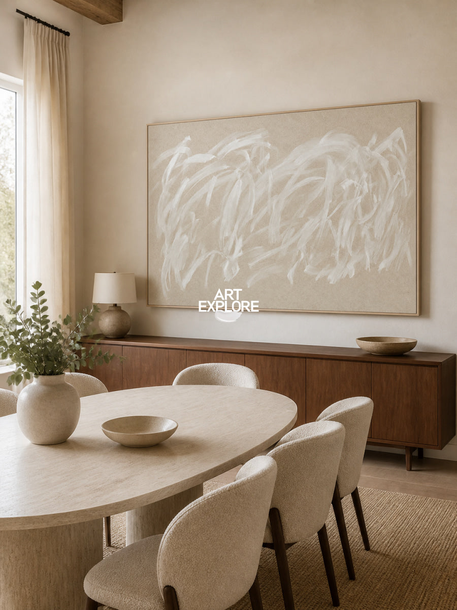 Abstract Beige And White Hand-Painted Canvas Wall Art For Modern Home Decor