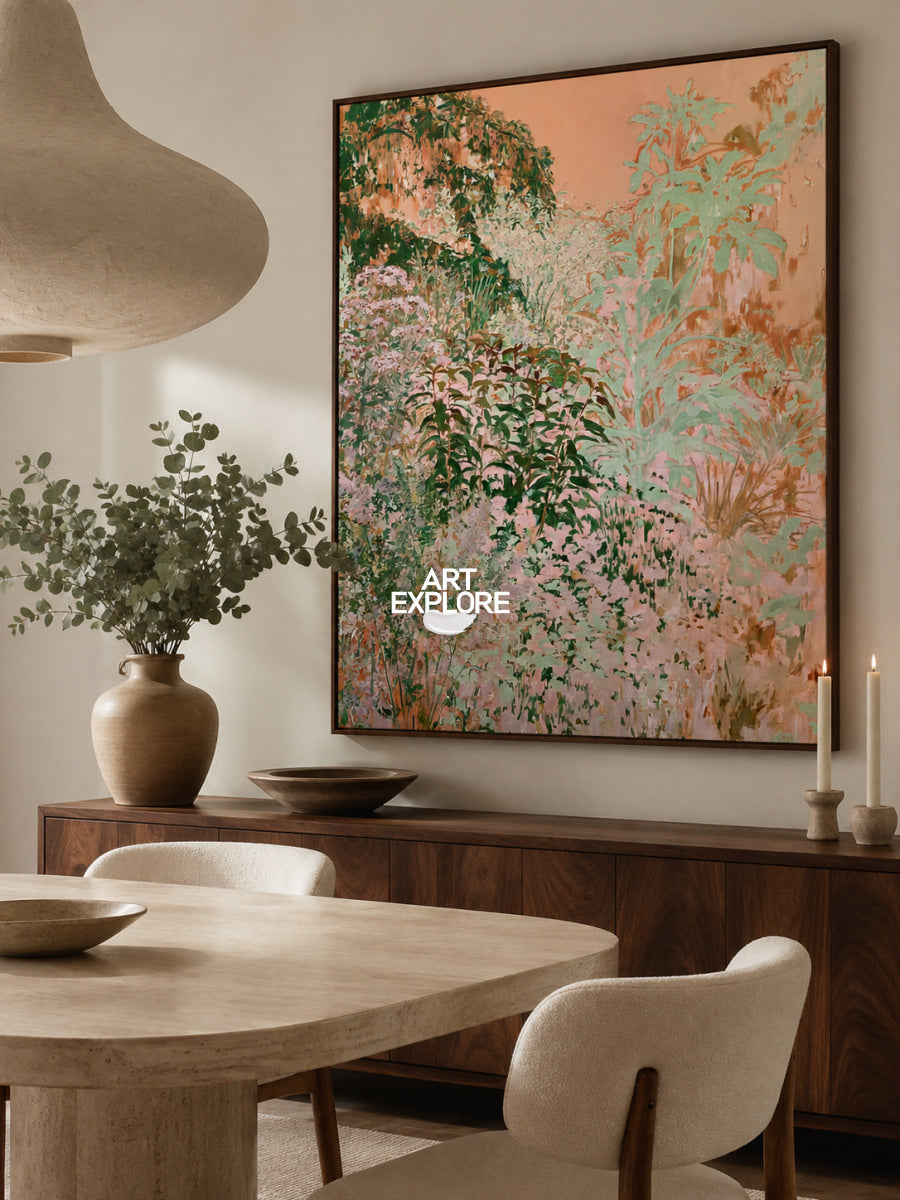 Hand-Painted Abstract Art In Pink And Green For Modern Organic Decor