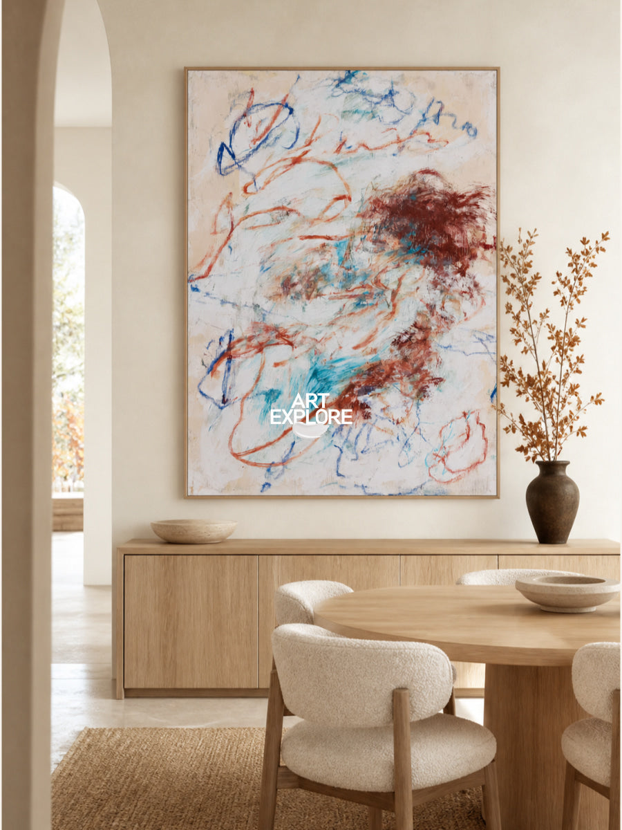 Modern Beige Wall Art For Living Room With Expressive Lines