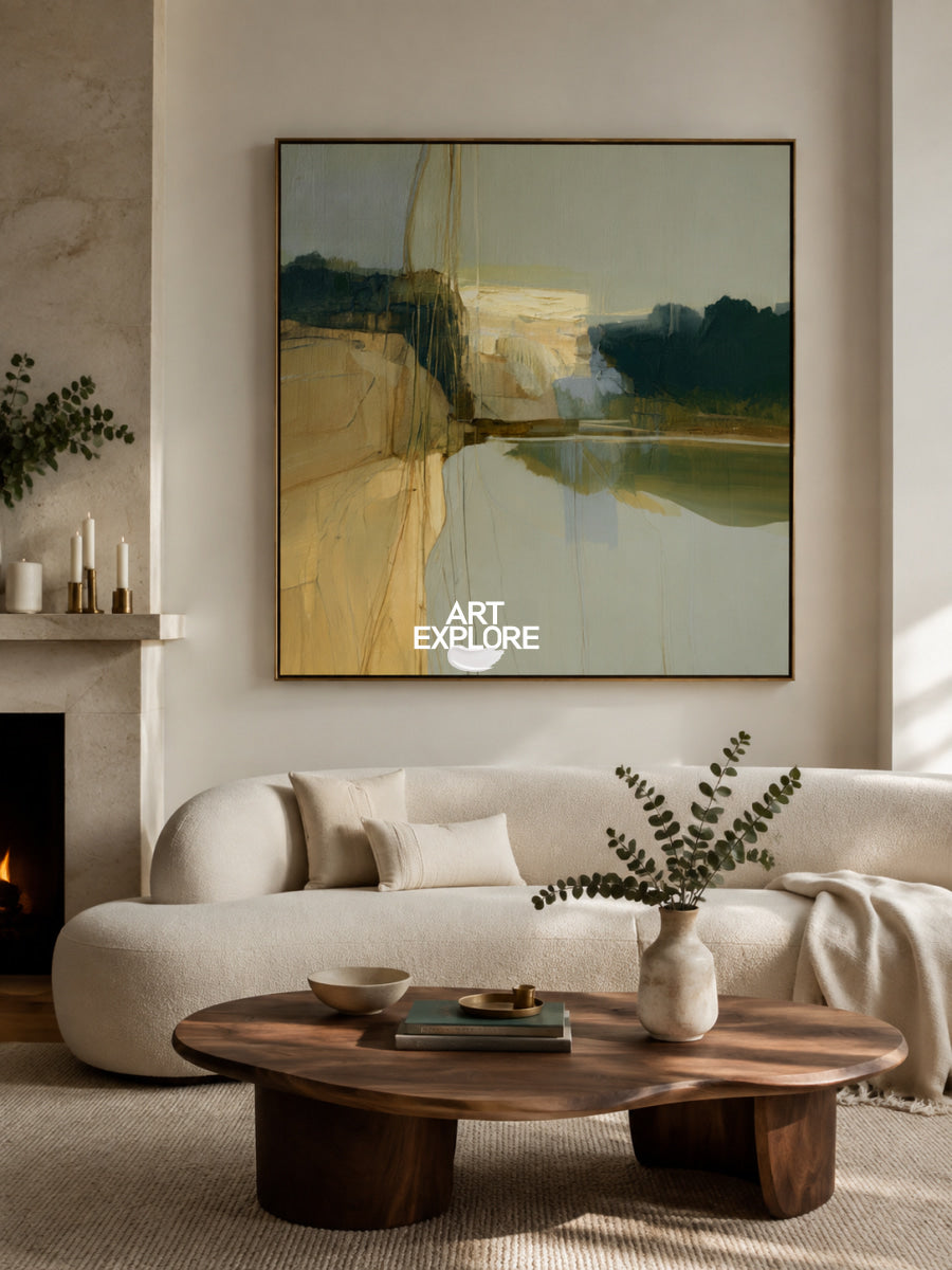Abstract Landscape Canvas Painting In Green And Brown Tones For Modern Walls