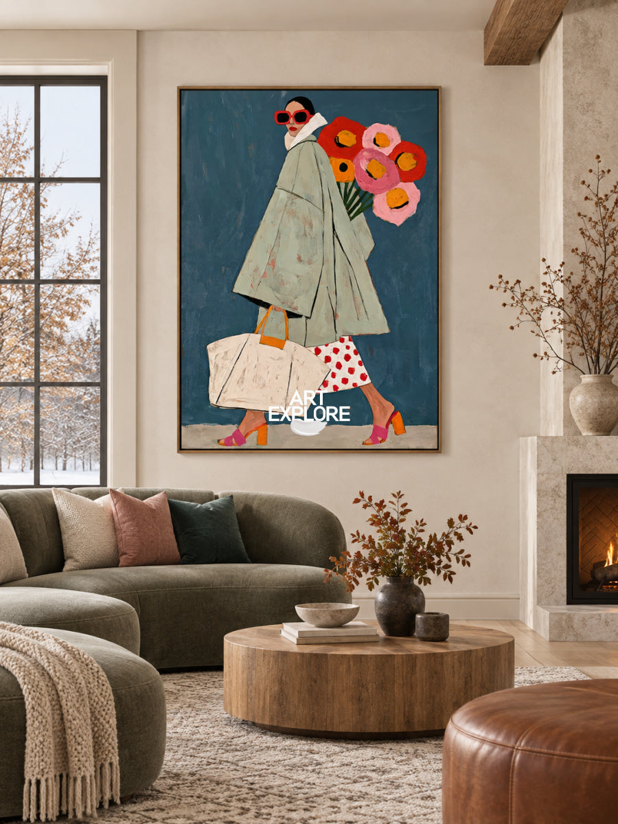 Pop Art Style Canvas Painting Abstract Woman In Green Coat Original Art