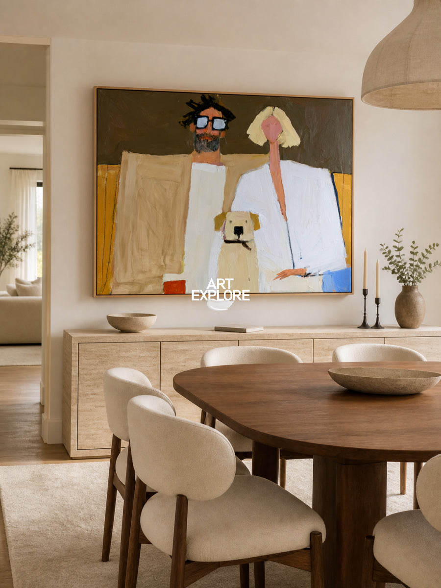 Minimalist Contemporary Art With Dog And Couple Warm Earthy Colors