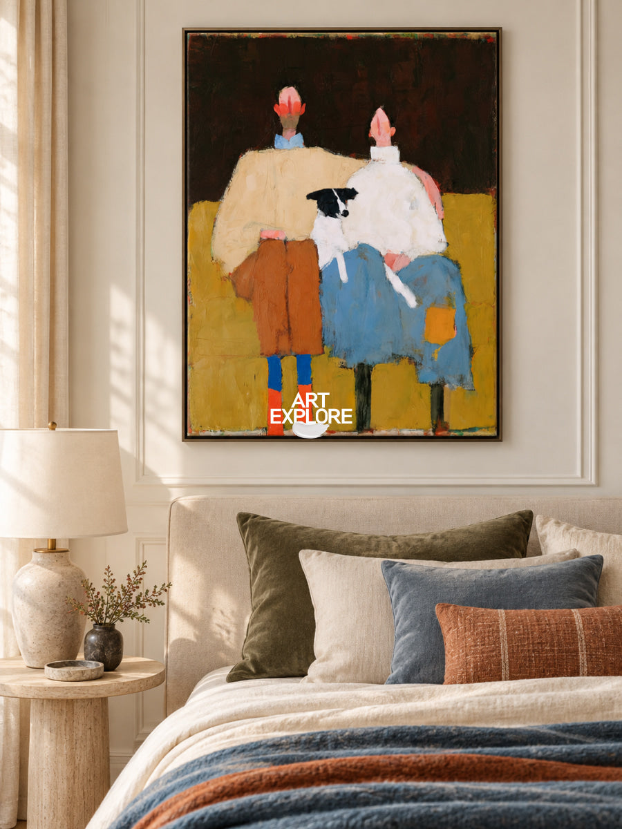 Warm Brown Wall Art For Living Room Modern Abstract Painting With Couple With Dog