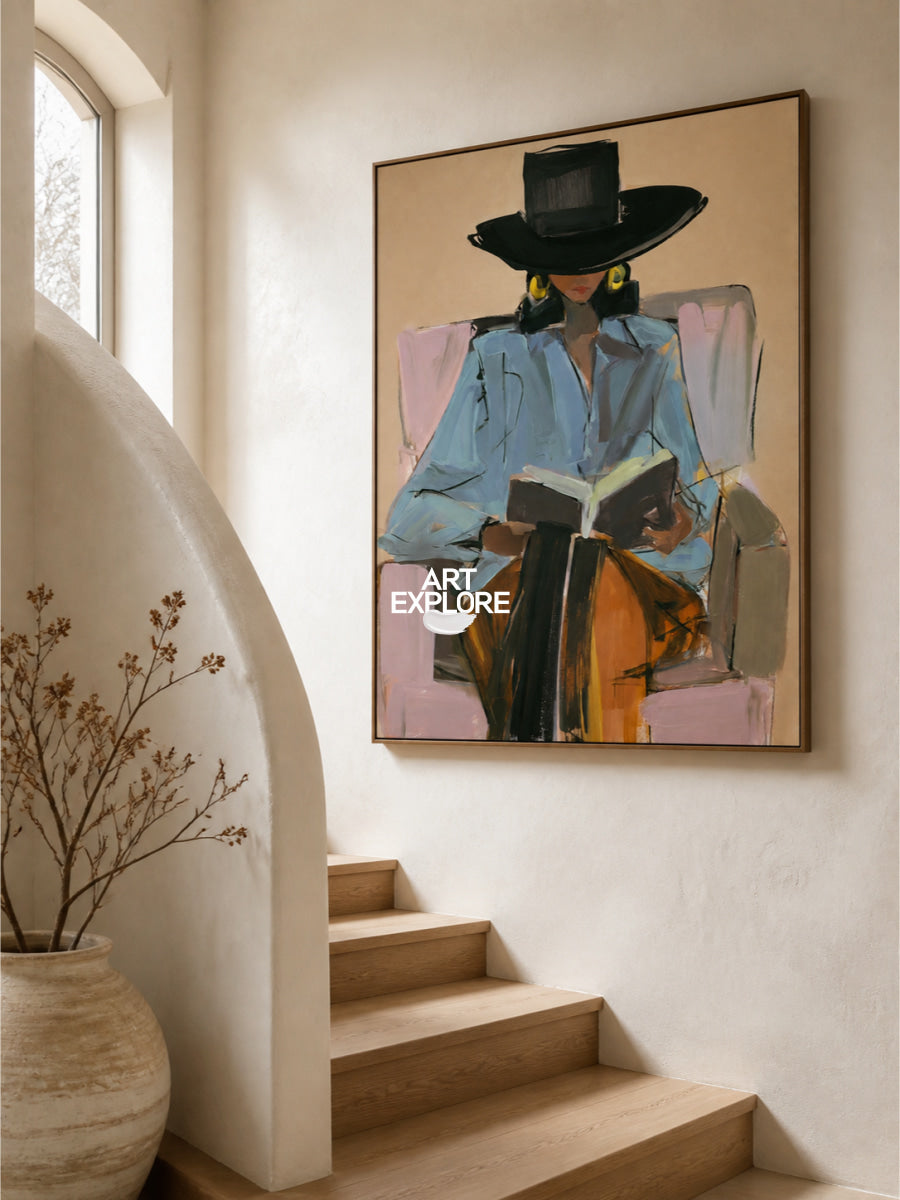 Abstract Woman Reading Canvas Painting In Brown Tones Hand-Painted Wall Art