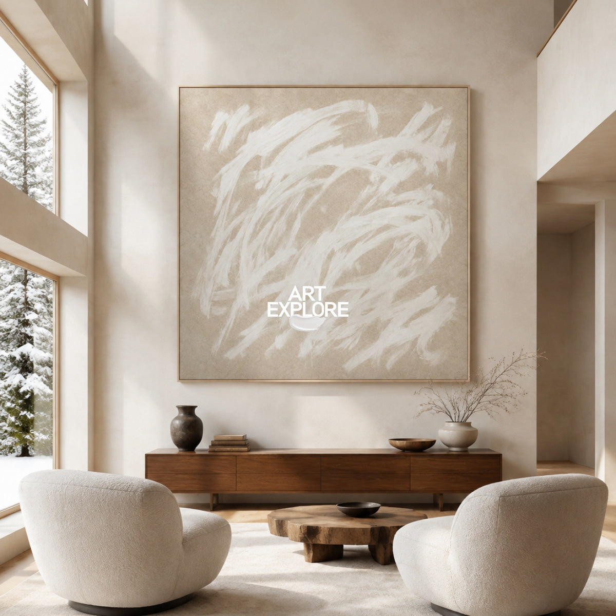 Original Abstract Minimalist Painting With Textured Beige And White Tones