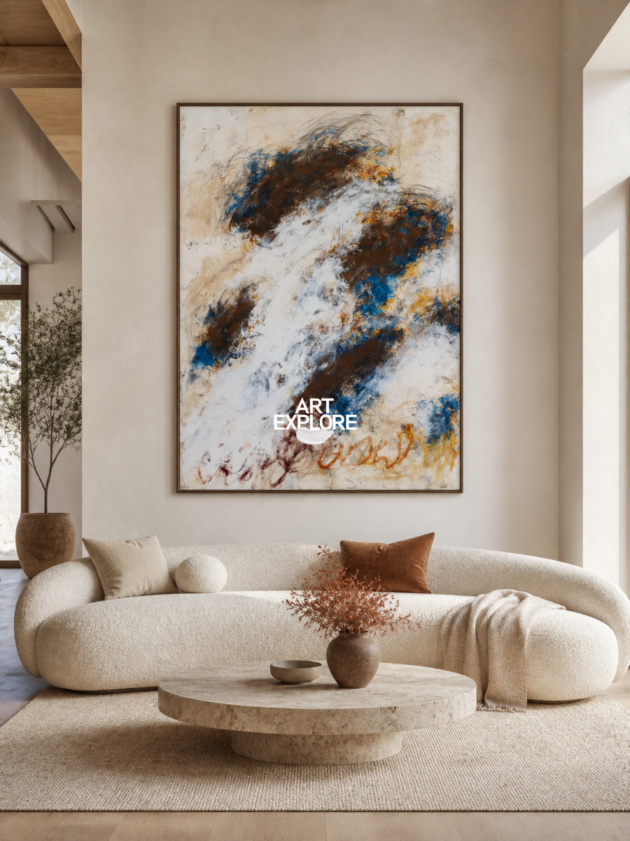 Expressive Doodle Style Painting In Blue And Brown Tones