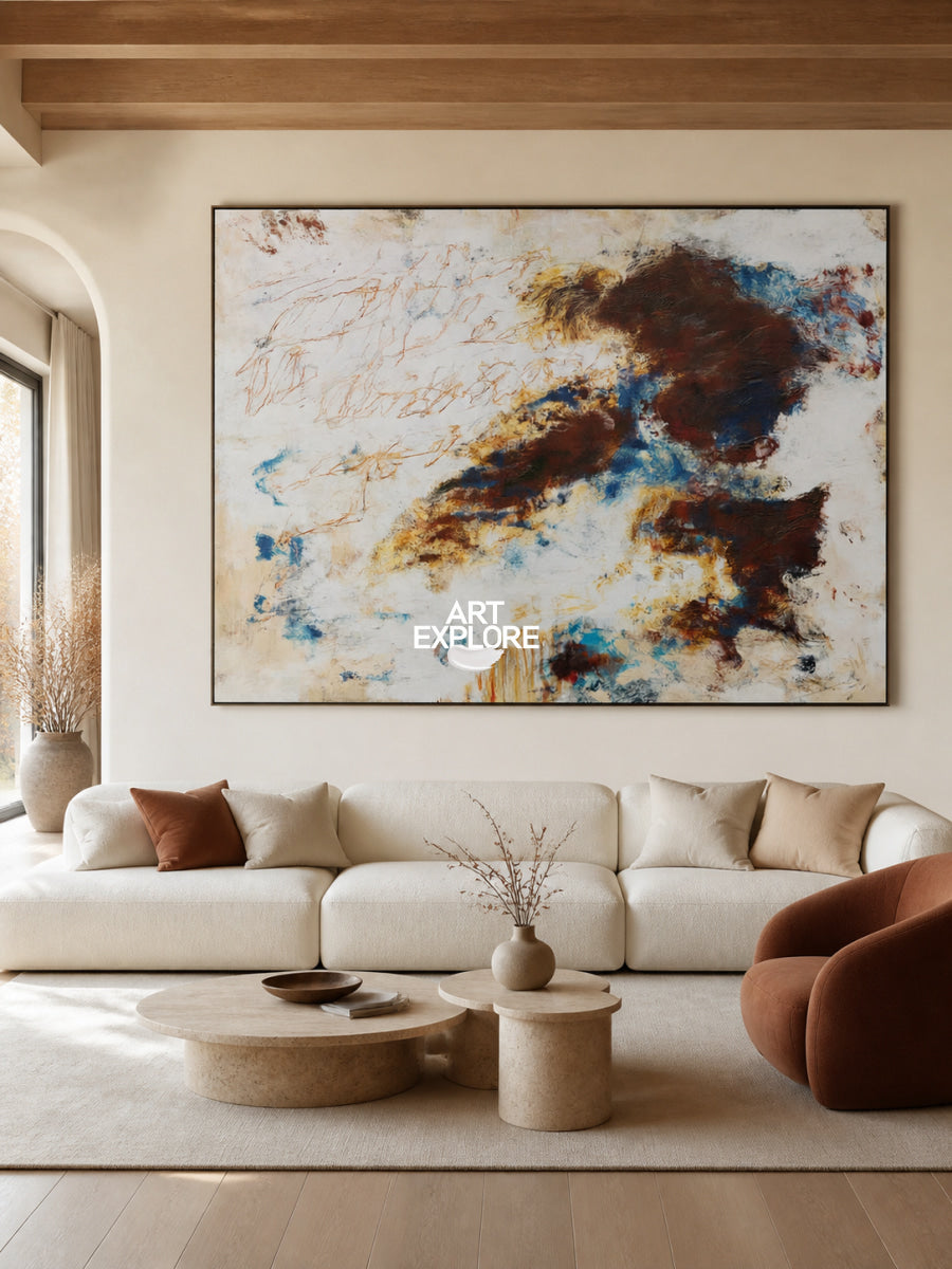 Brown And Blue Abstract Canvas Painting With Doodle Lines For Modern Wall Art