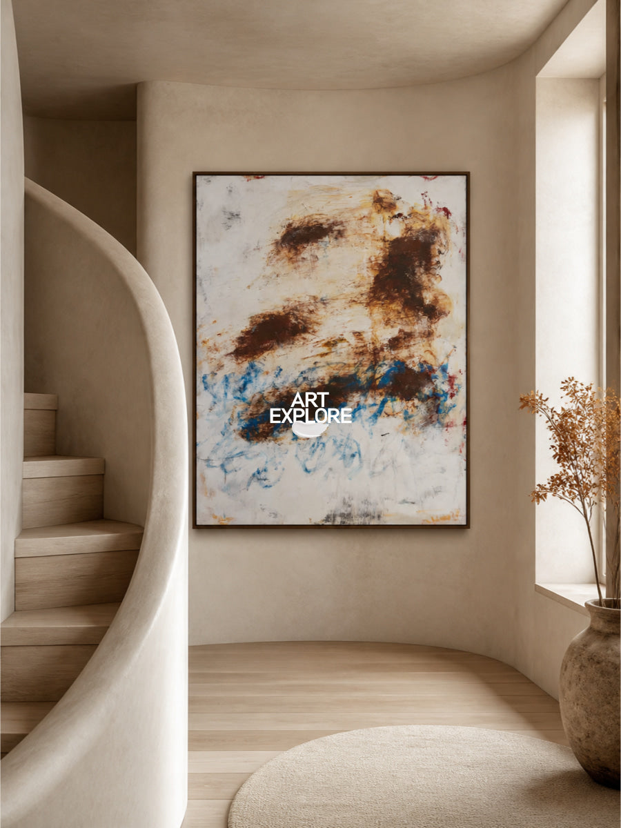 Expressive Doodle Style Painting In Brown And Blue Hues