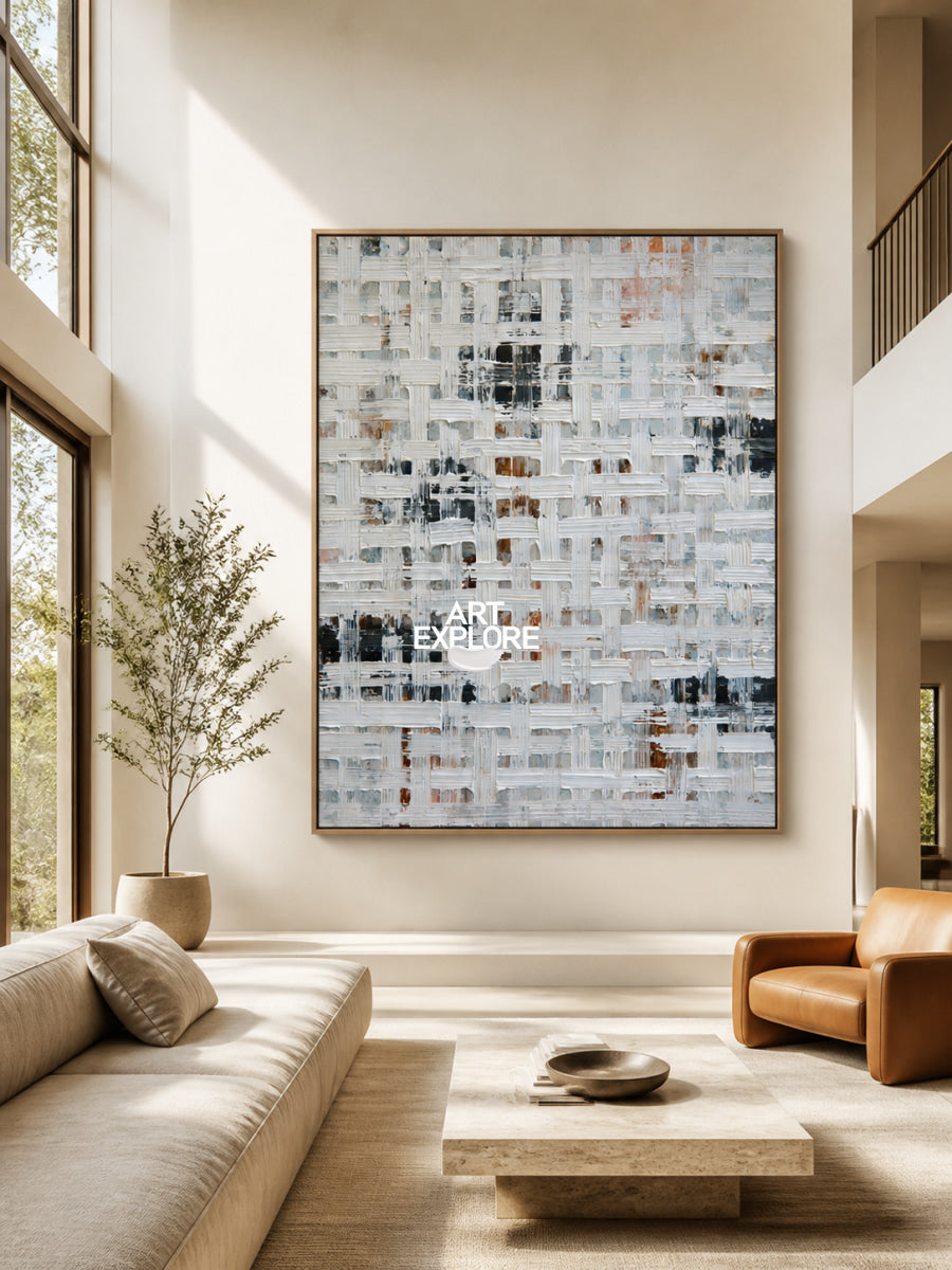Abstract Geometric White Canvas Painting With 3D Texture For Modern Walls