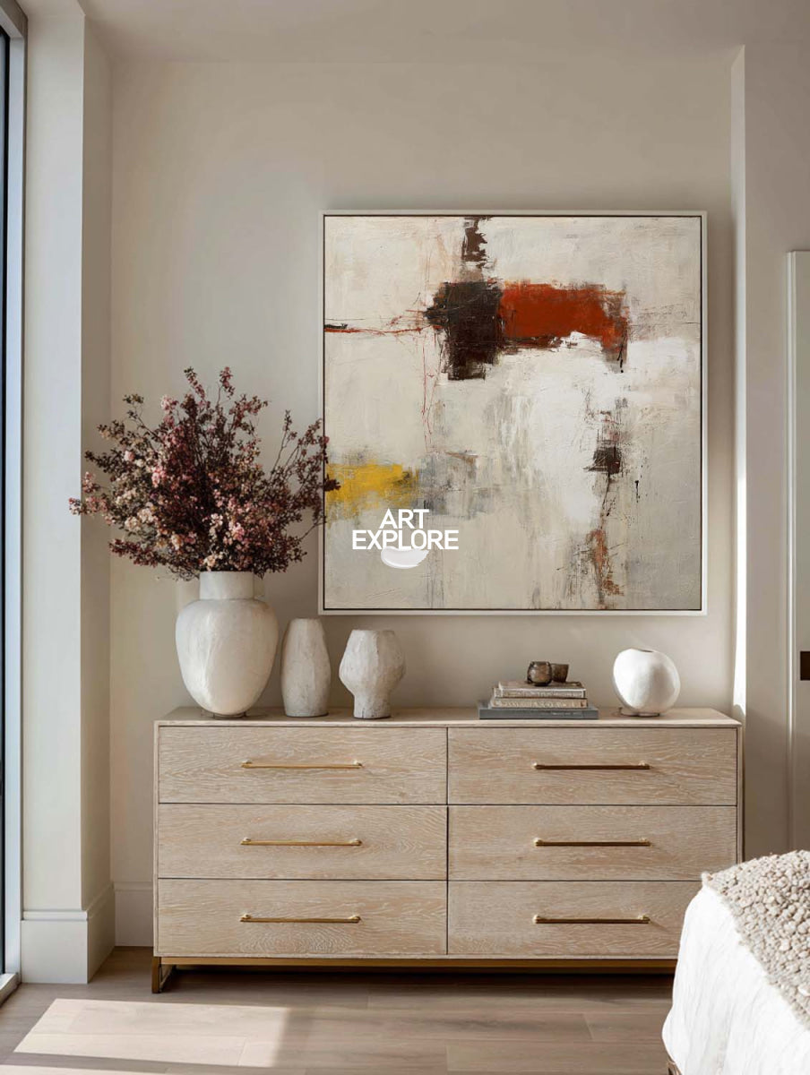 Warm Abstract Canvas Painting With Earthy Tones And Textured Layers
