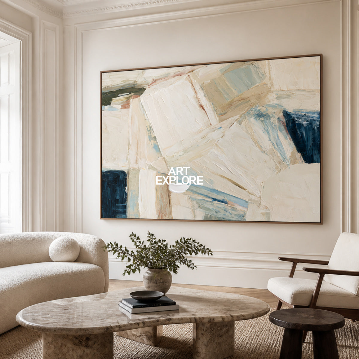Abstract Beige And Blue Canvas Painting With Textured Impasto Strokes