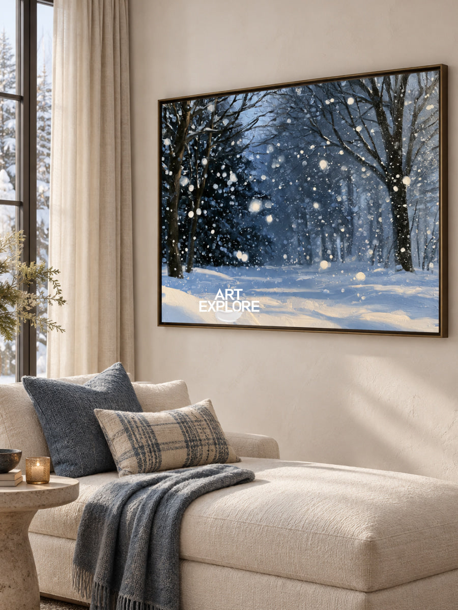 Abstract Winter Forest Landscape Hand-Painted Canvas Art In Blue And White