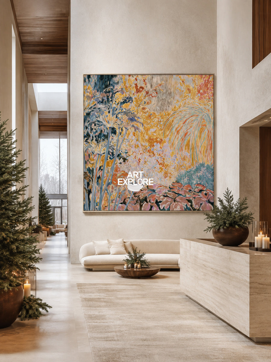 Abstract Botanical Canvas Painting With Pink And Orange Floral Colors