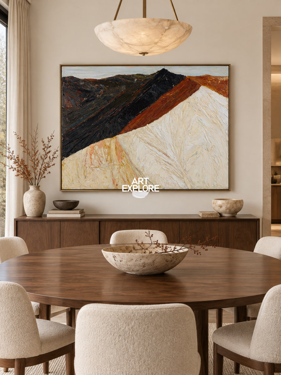 Abstract Mountain Landscape Canvas Painting With Earthy Tones And Textured Brushwork