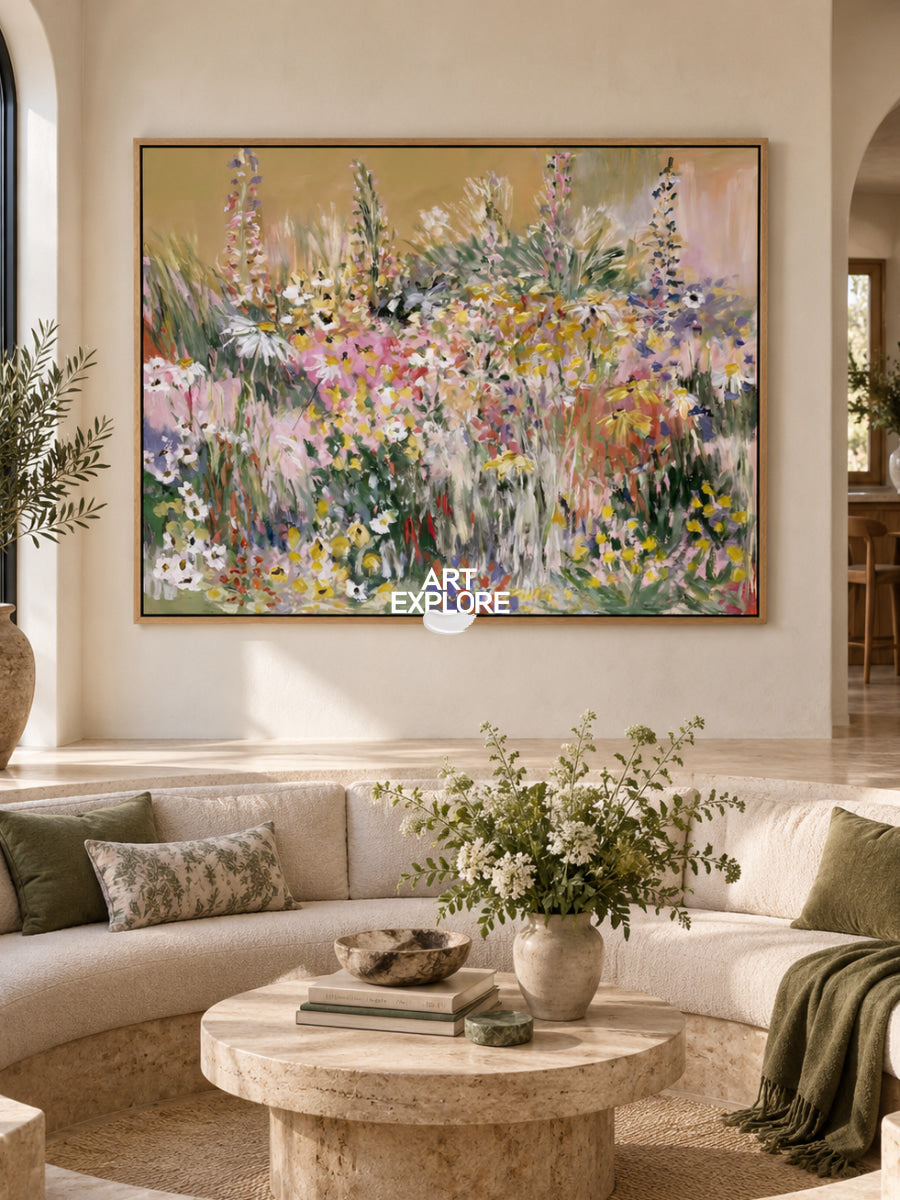 Abstract Floral Canvas Painting With Warm Tones And Textured Brushwork For Modern Home Decor