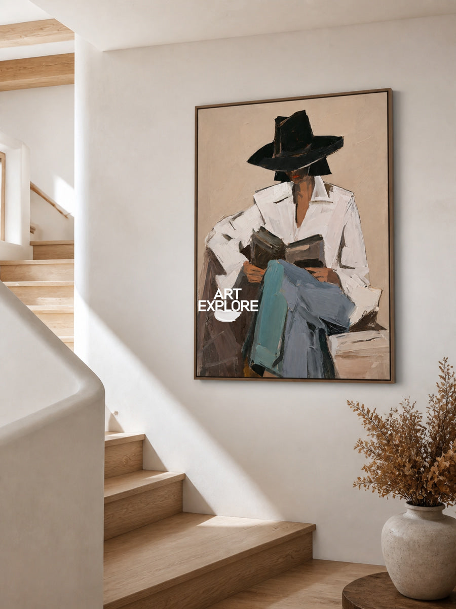 Minimalist Female Portrait Canvas Painting With Black Hat And White Shirt In Beige Tones