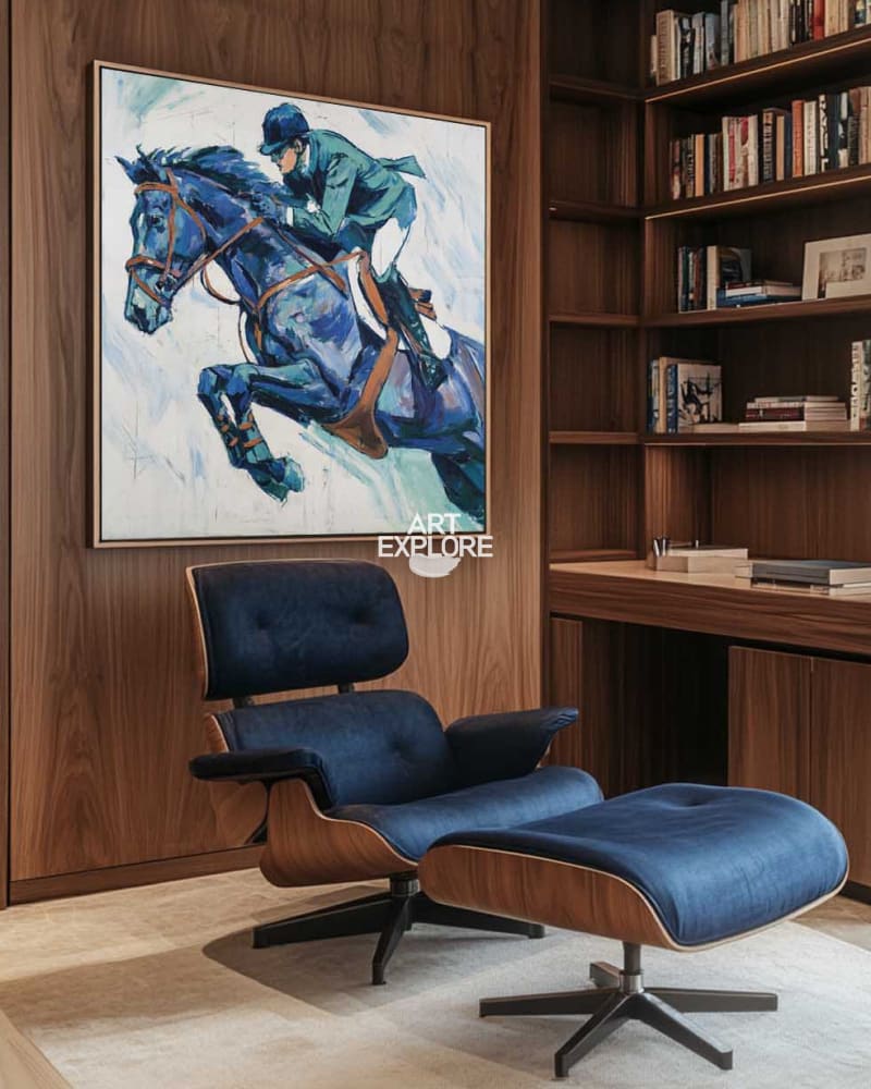 Sport Horse Painting | Large Blue Oil Wall Art | Handmade Canvas ArtExplore