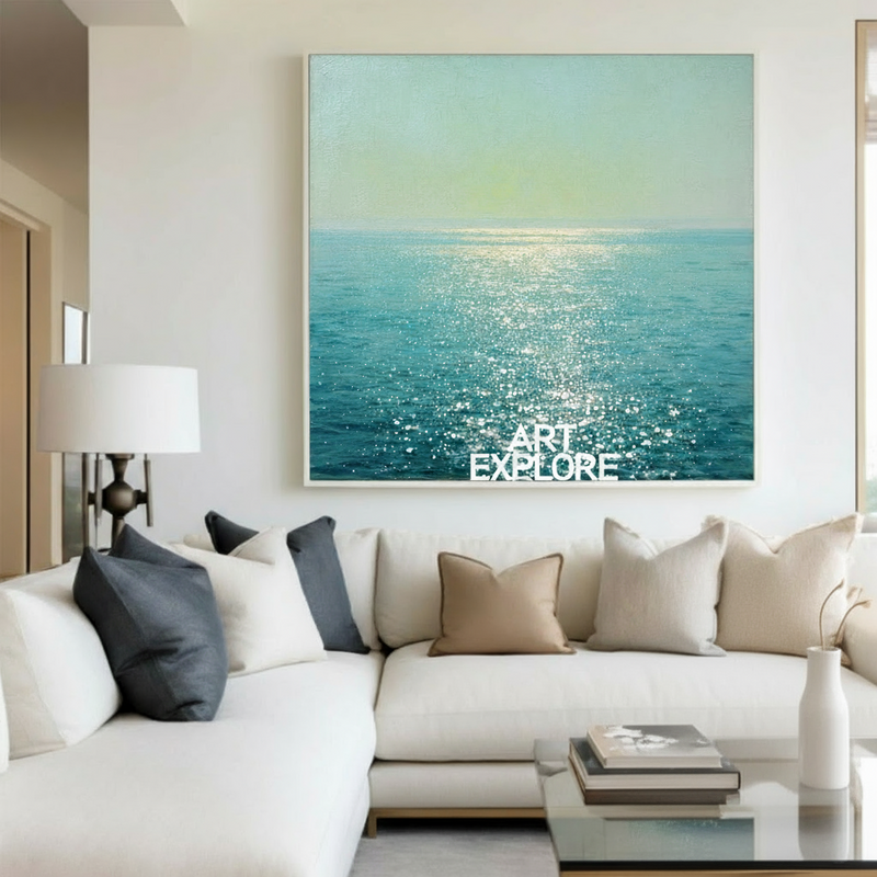Square Ocean Canvas Wall Art – Minimalist Blue Sea Painting | ArtExplore