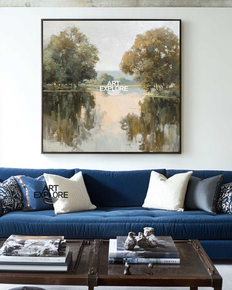 Square Oil Painting of Peaceful Lakeside Scene – ArtExplor