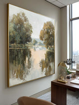 Square Oil Painting of Peaceful Lakeside Scene – ArtExplore