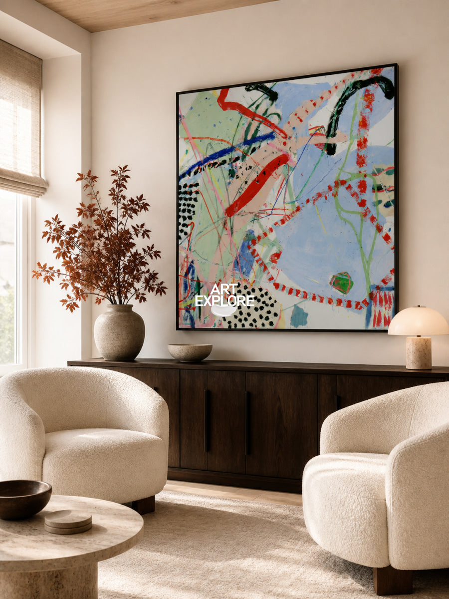 Colorful Abstract Canvas Painting With Red And Blue Lines For Modern Wall Art