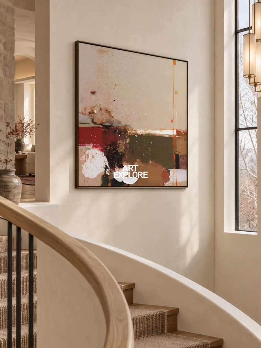 Abstract Earth Tone Canvas Painting With Red And Green Accents For Modern Walls