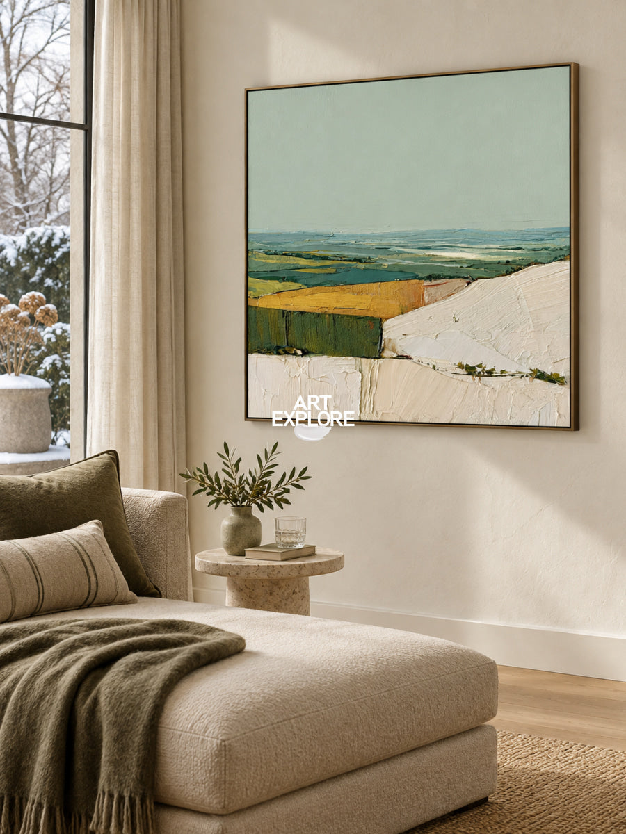 Abstract Green Landscape Canvas Painting With Textured Hills For Modern Walls