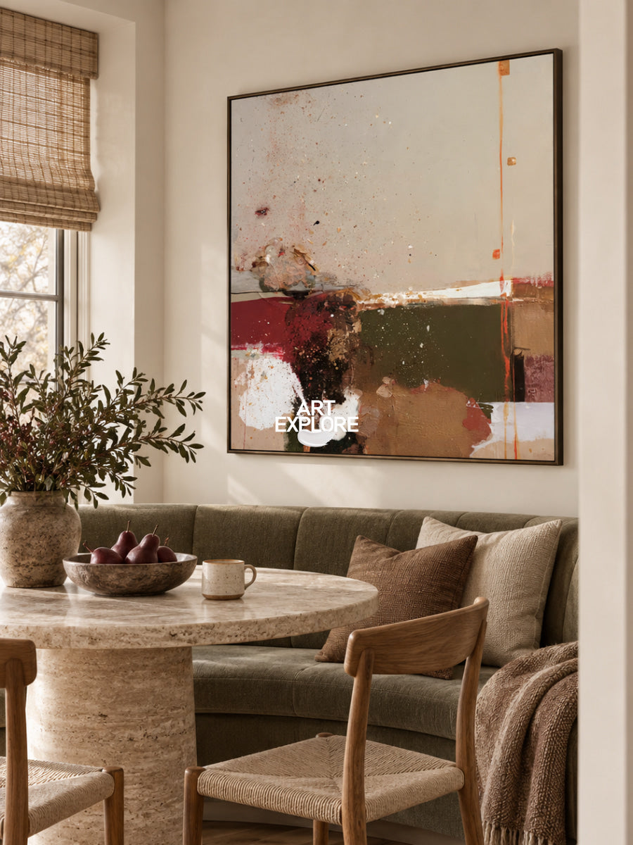 Abstract Earth Tone Canvas Painting With Red And Green Accents For Modern Walls