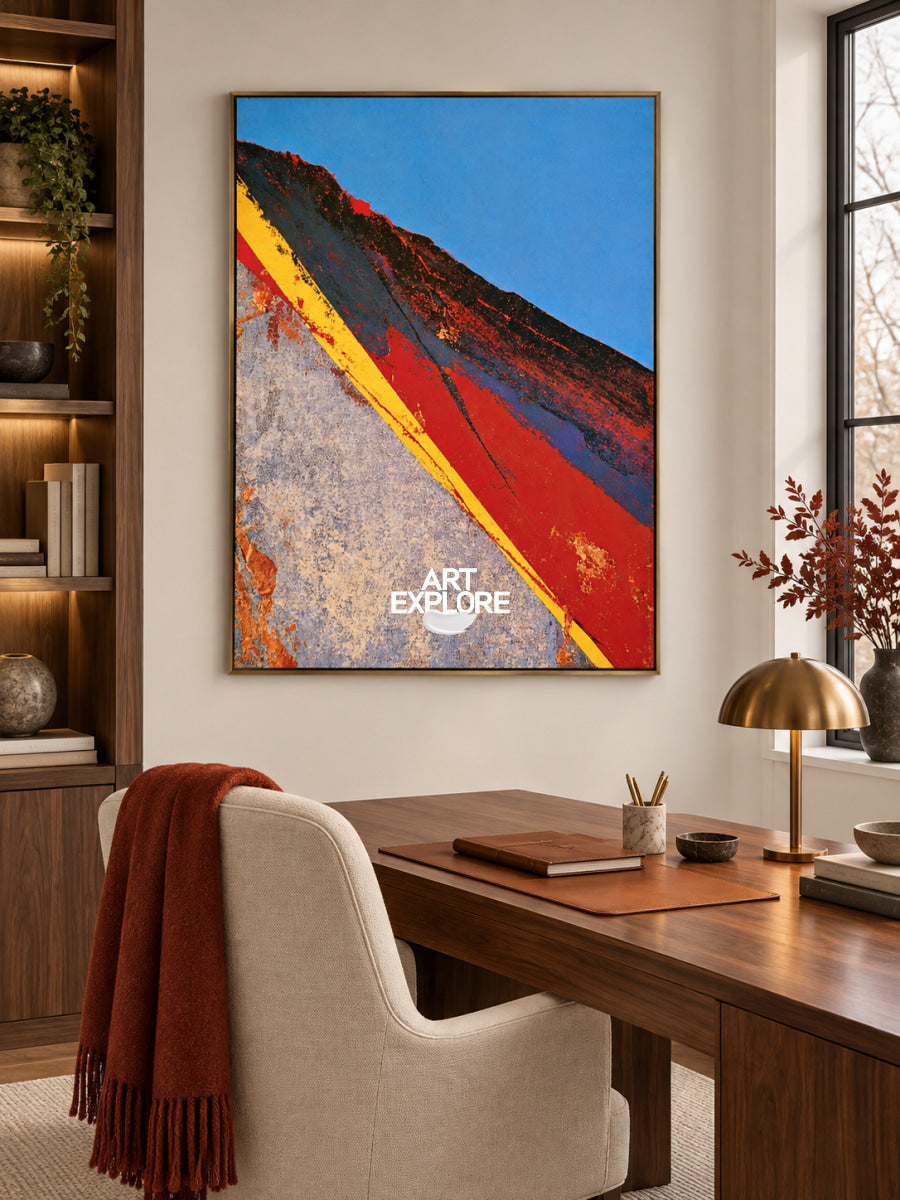 Abstract Red And Blue Landscape Canvas Painting With Yellow Line