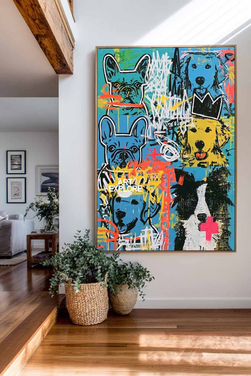 Colorful Dog Portrait Pop Art Painting For Modern Living Room Wall Decor