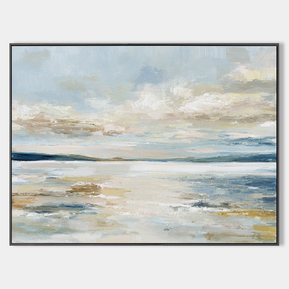 Sunrise Misty Lake Oil Painting – Large Blue Beige Abstract Landscape Wall Art by ArtExplore