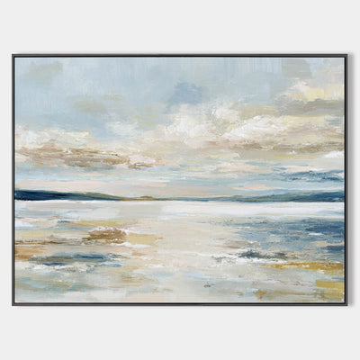 Sunrise Misty Lake Oil Painting – Large Blue Beige Abstract Landscape Wall Art by ArtExplore