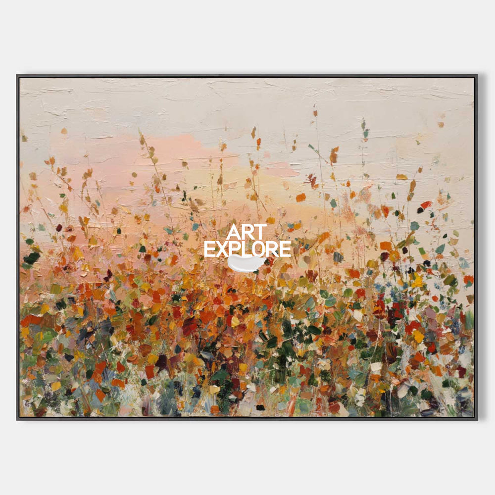 Sunset Meadow: Large Horizontal Impasto Floral Abstract Art for Livingroom | ArtExplore