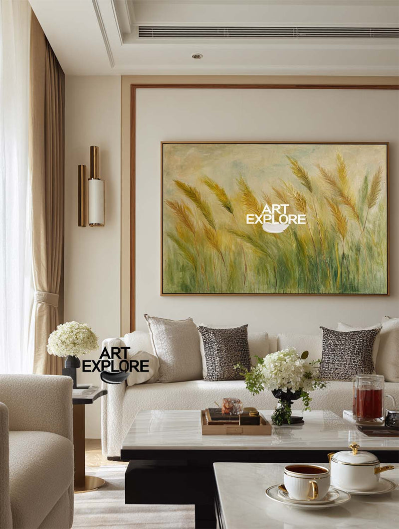 Textured Green Reed Oil Painting for Large Spaces | ArtExplore Canvas