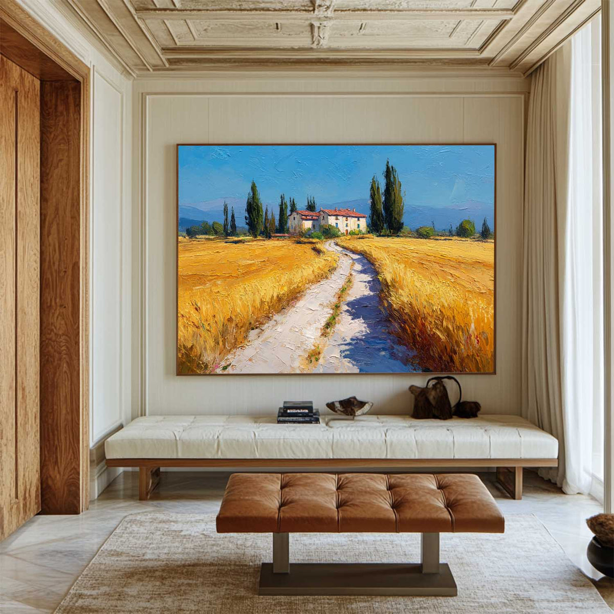 Textured Landscape Wall Art – Sunny Rural Path and Italian Villa Scene, Modern Home Decor Painting