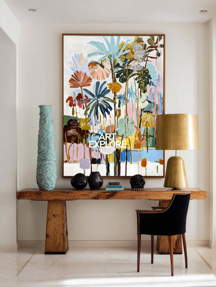 Textured Large Scale Palm Painting Hand-Drawn Luxury Home Decor