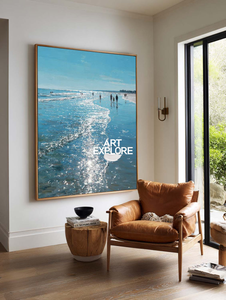 Textured Midday Tide Painting Hand-Drawn Large Luxury Beach Art