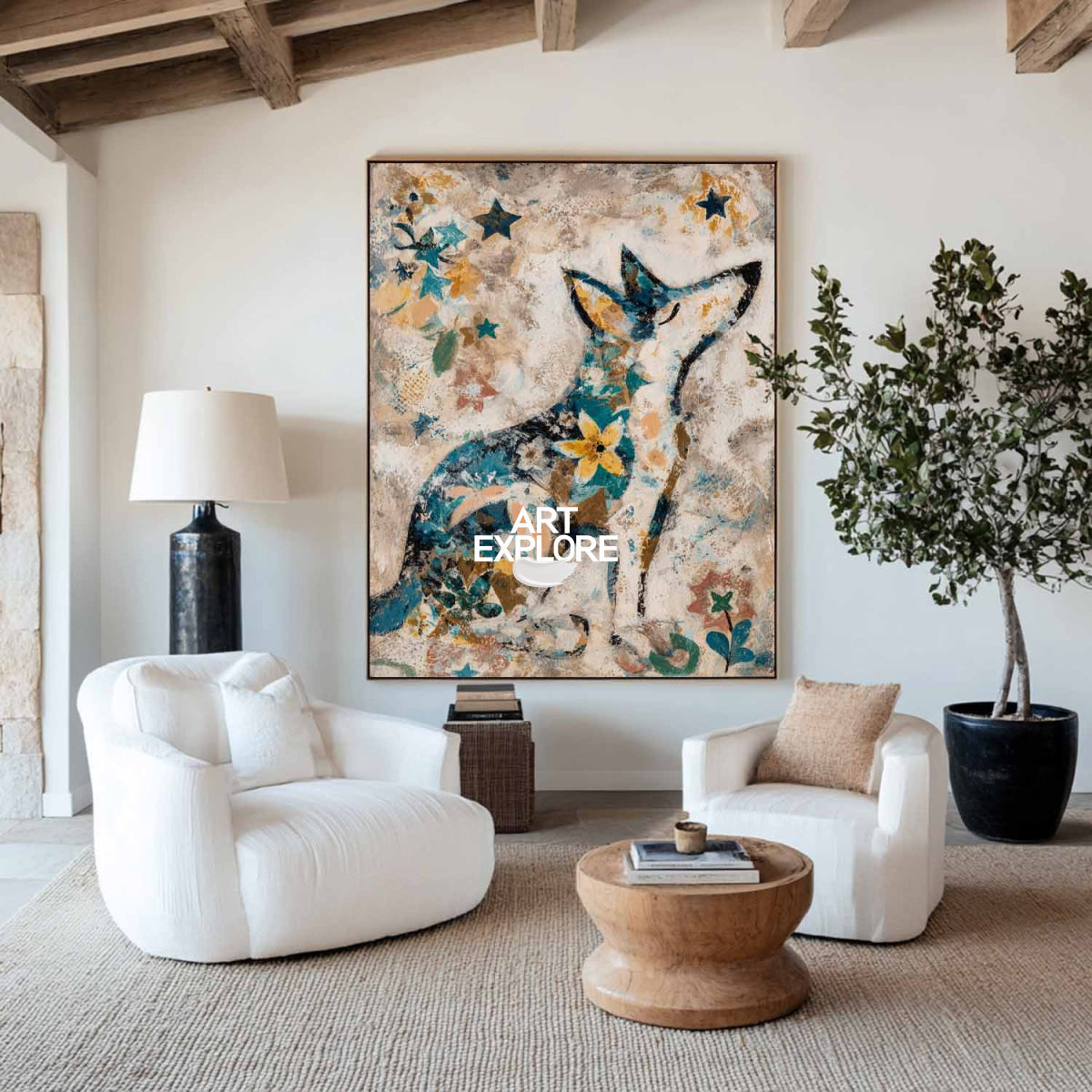 Modern Abstract Animal Art Beige And Blue Wolf Painting For Living Room Decor