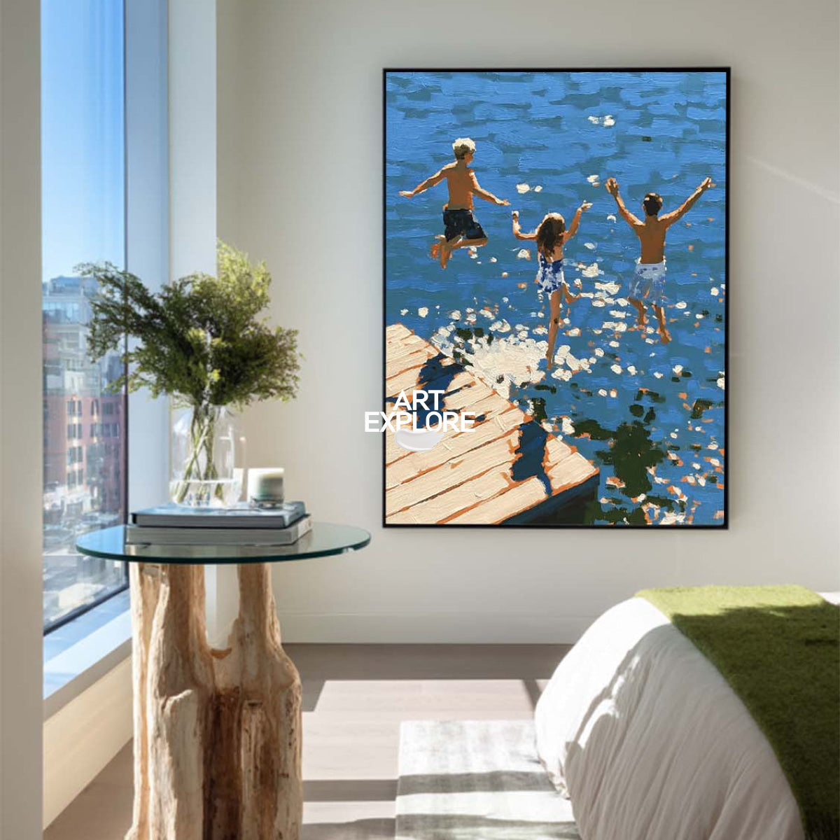 Abstract Blue Diving Art For Modern Coastal Living Room Decor